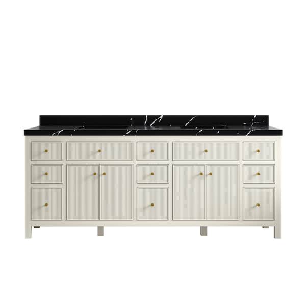 Willow Collections Sonoma 84 in. Double Sink Freestanding Alabaster Bath Vanity with Calcutta Black Quatrz Top Unassembled