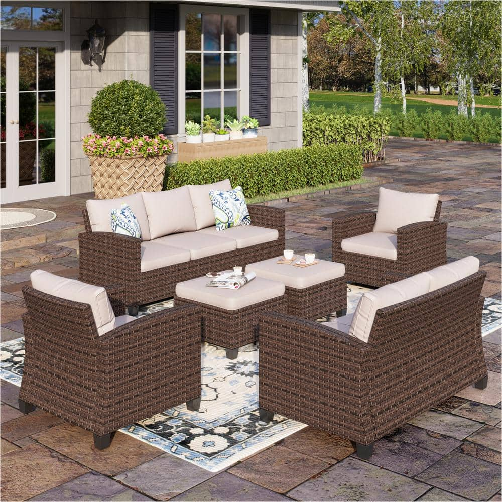 PHI VILLA Brown Rattan Wicker 9 Seat 6-Piece Steel Patio Outdoor ...