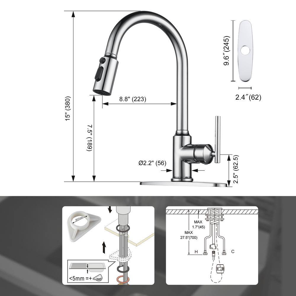 Polished Chrome Stainless Steel Pull Down Kitchen Faucet with Soap Dispenser