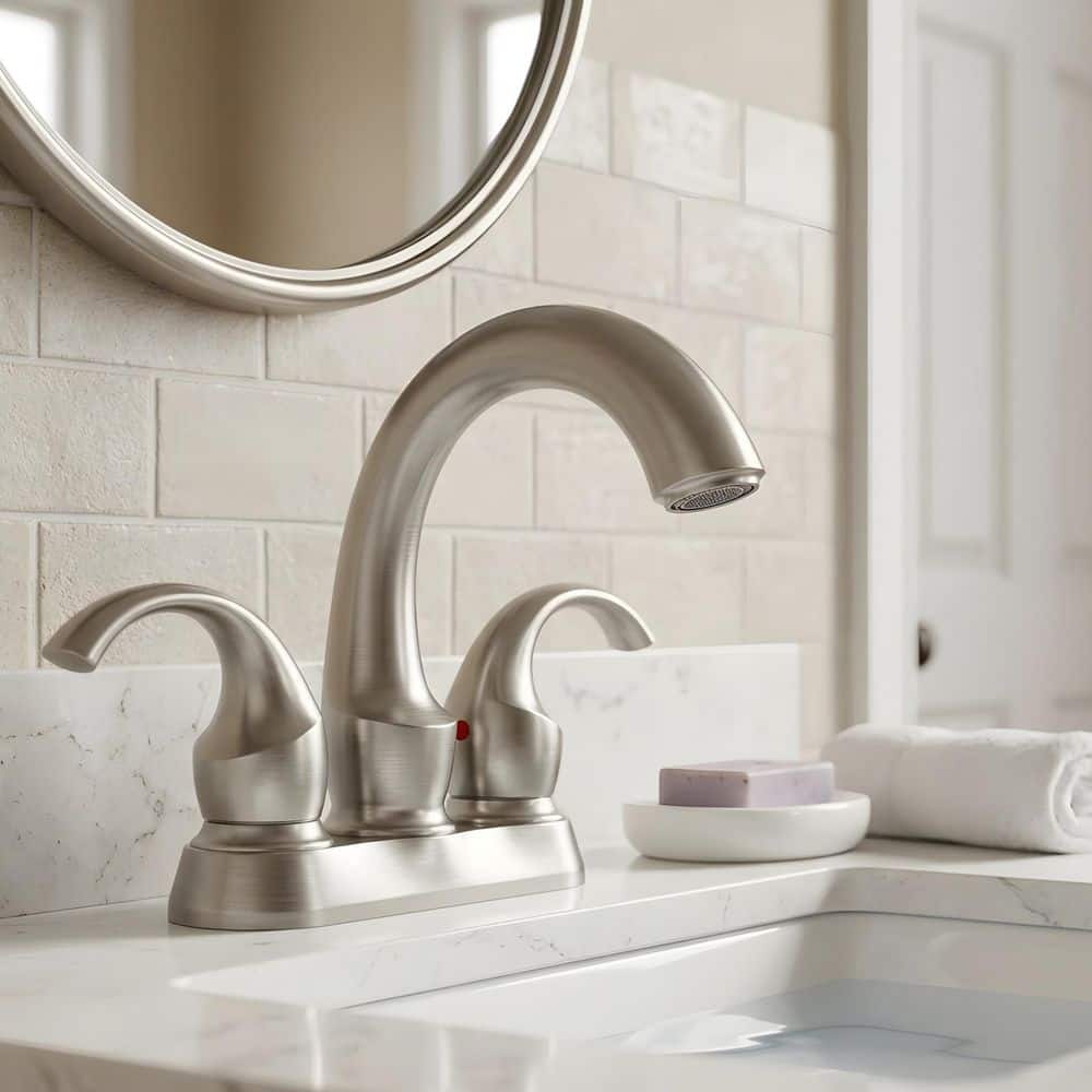 4 in. Centerset Double Handle Bathroom Sink Faucet with Pop-Up Drain and Supply Hoses in Brushed Nickel price history on PriceWatchPro