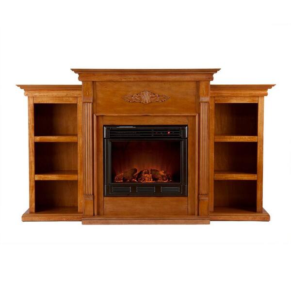 Southern Enterprises Tennyson 70 in. Electric Fireplace with Bookcases in Glazed Pine
