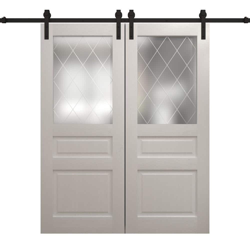 Assemble Required 84 in. x 80 in. Frosted Glass Painted White Oak Solid Wood Double Barn Door Slab With Hardware price history on PriceWatchPro