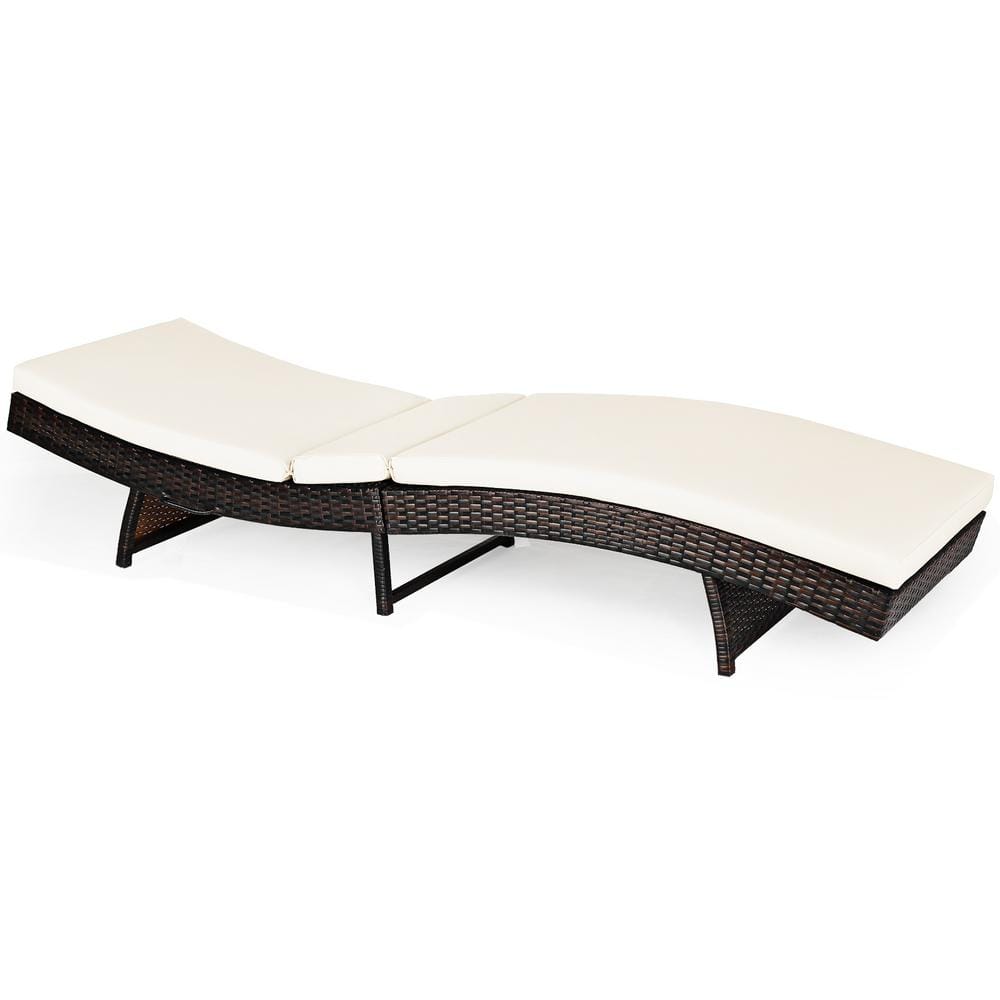 Adjustable White Cushioned Rattan Folding Chaise Lounge Chair