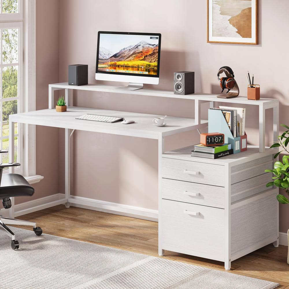 White Wood 63" Computer Desk with Drawers and Filing Cabinet