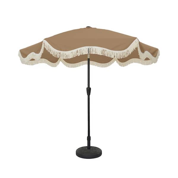 Mondawe 9 ft. Tassel Market Patio Umbrella with Full Fiberglass Rib and Round Umbrella Base in Tan