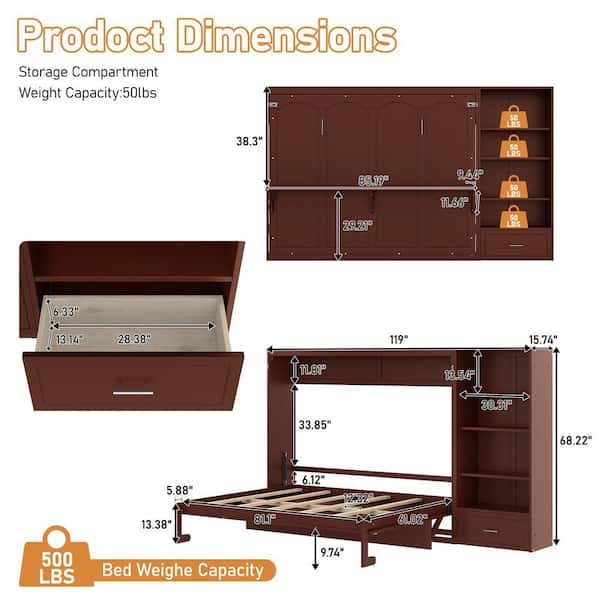 Walnut Brown Wood Frame Queen Murphy Bed Wall Bed with Left-Side or Right-Side Storage Bookcase and Adjustable Shelf