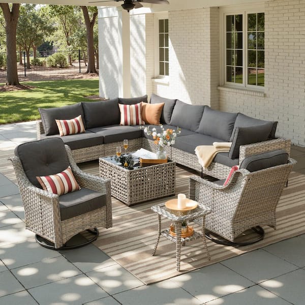 Howell 10-Piece Wicker Outdoor Patio Conversation Sofa Furniture Set with Swivel Rocking Chairs and Black Cushions