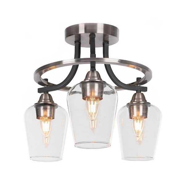 Unbranded Madison 15 in. 3-Light Matte Black and Brushed Nickel Semi-Flush Mount with Clear Bubble Glass Shade