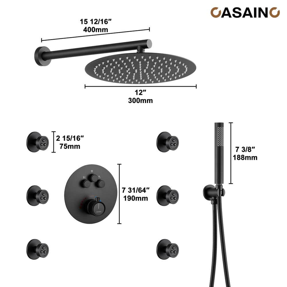 Matte Black Stainless Steel Thermostatic Rain Shower System with Handheld