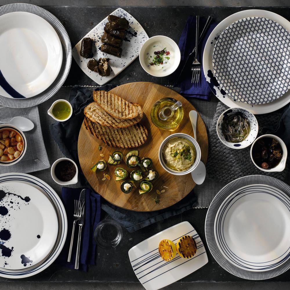 Pacific Blue and White Porcelain Dinner Plate Set, 11 inches, Set of 6