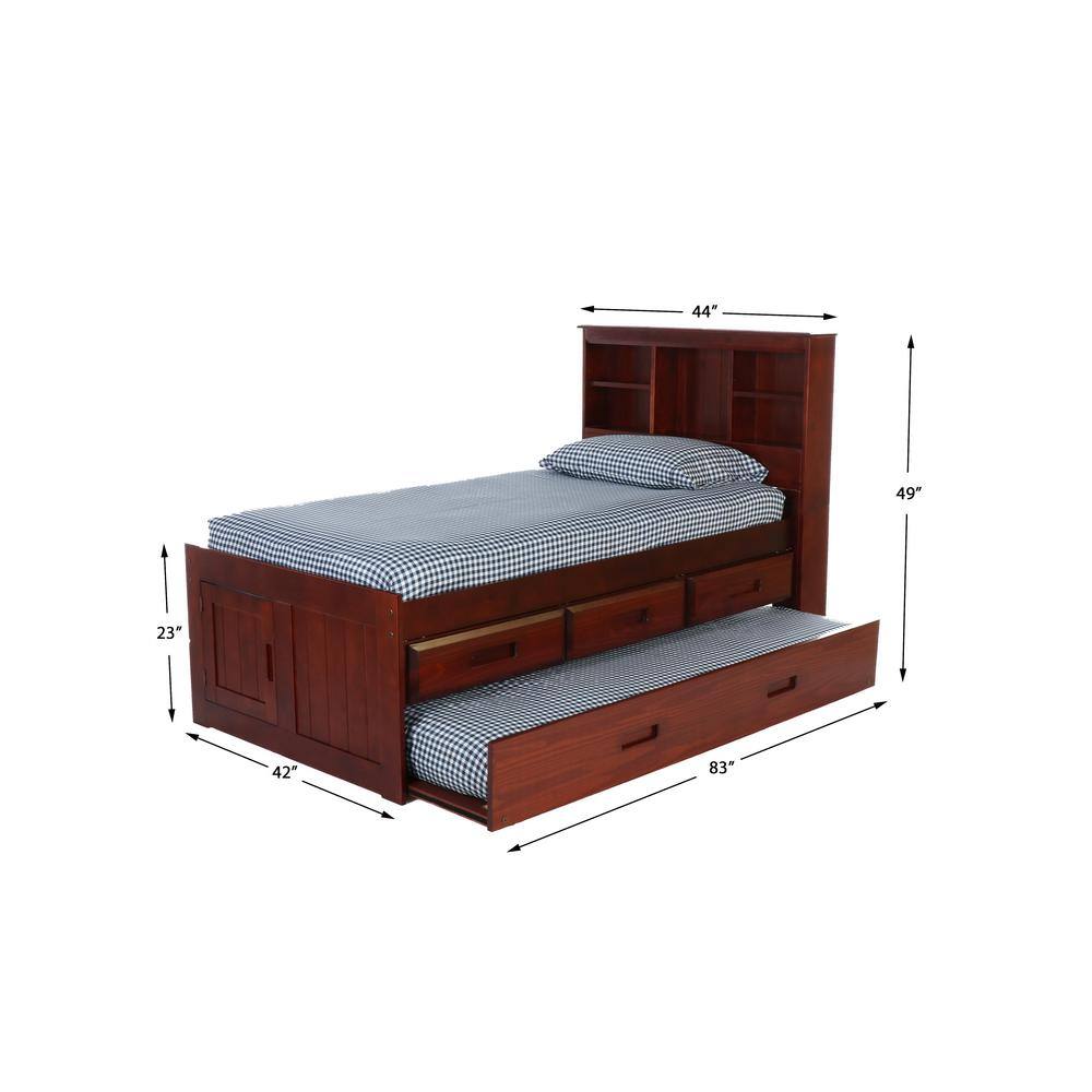 Rich Merlot Pine Twin Captain's Bed with Storage and Trundle