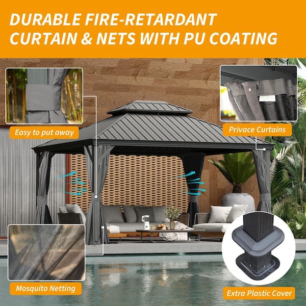 12 ft. W x 14 ft. D Grey Outdoor Hardtop Gazebo with Drainage, Double Galvanized Steel Roof, Curtains and Netting