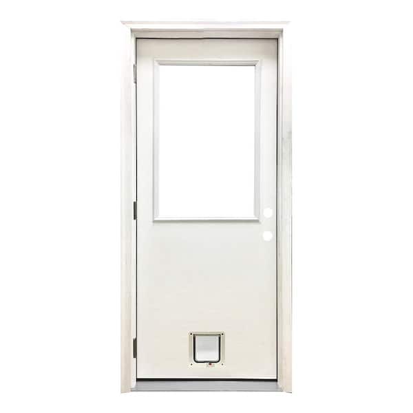 30 in. x 80 in. Reliant Series Clear Half Lite RHOS White Primed Fiberglass Prehung Back Door with Small Cat Door
