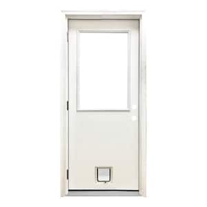 32 in. x 80 in. Reliant Series Clear Half Lite RHOS White Primed Fiberglass Prehung Front Door with Small Cat Door