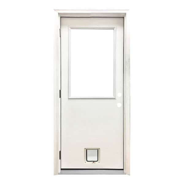 Steves & Sons 32 in. x 80 in. Reliant Series Clear Half Lite RHOS White Primed Fiberglass Prehung Front Door with Small Cat Door