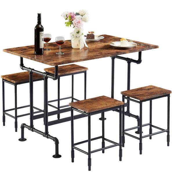 URTR 5-Piece Kitchen Counter Height Table Dining Set, Wood Top and Metal  Frame Bar Table with 4 Chairs, Dark Brown T-01236-P - The Home Depot