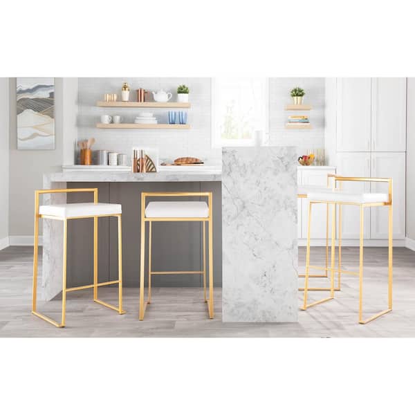 LumiSource Fuji 30.75 in. White Faux Leather and Gold Metal Stackable Bar Stool (Set of 3)
