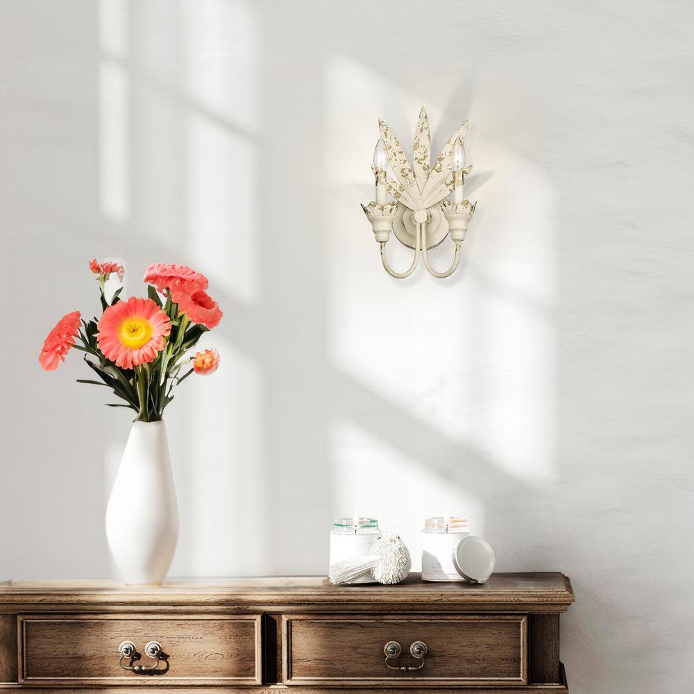 Antique White Metal Palm Frond 2-Light Wall Sconce