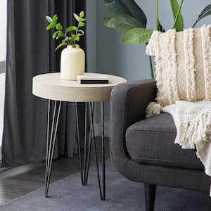 20 in. Brown Large Round Wood End Accent Table with Black Metal Hairpin Legs