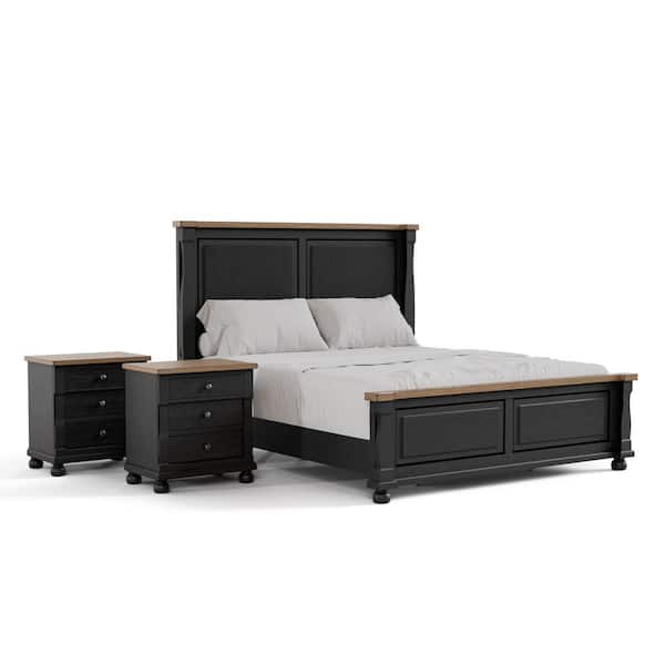 Windcrest 3-Piece Farmhouse Black Wood King Bedroom Set With 2 Nightstands