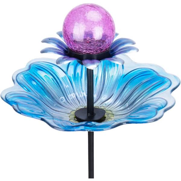 Flower Bird Baths Bowl with Solar Crackle Glass Globe Lights Decorations for Outdoor Garden Blue