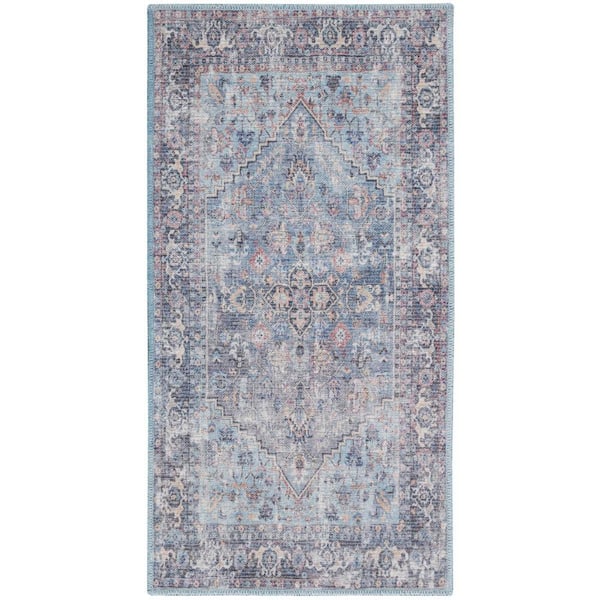 57 GRAND BY NICOLE CURTIS 57 Grand Machine Washablee doormat Light Grey/Blue 2 ft. x 4 ft. Bordered Traditional Kitchen Area Rug