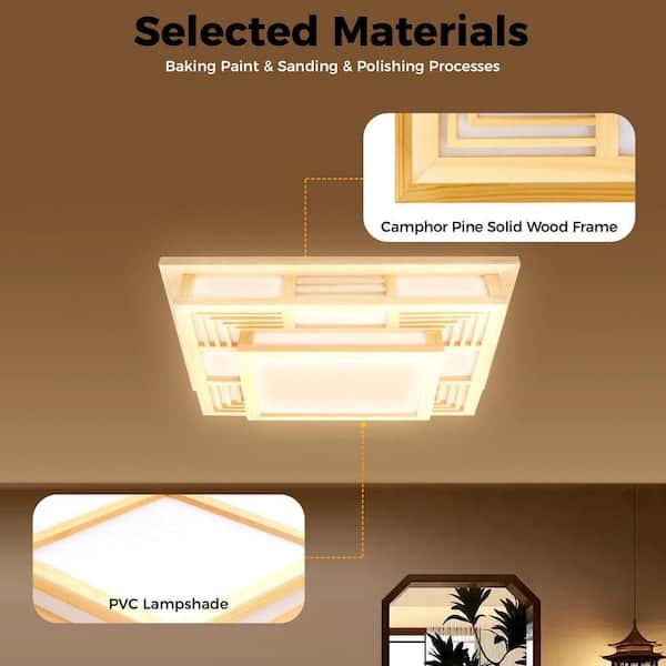 OUKANING 17.72 in. Wood and White Japanese Style Square Flush