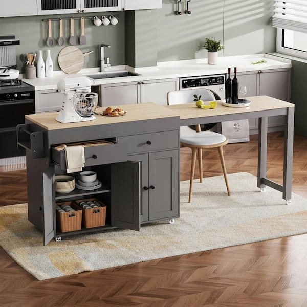 Farmhouse Gray and Oak Wood 70.5 in. Rolling Kitchen Island Extendable Dining Table with 2-Drawer and 4-Door