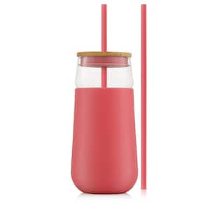 Glass Tumbler Water Bottle with Straws & Silicone Sleeve - Pink