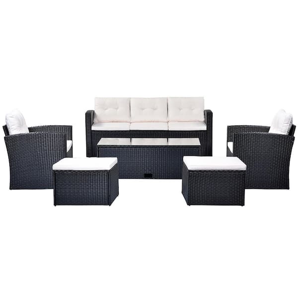 Runesay Modern 6-piece Wicker PE Outdoor Patio Conversation Set with Beige Cushions, Coffee table, Ottomans
