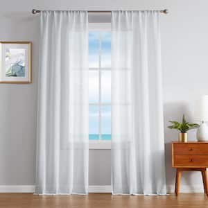 Erasmus Grey Faux Linen 38 in. W x 96 in. L Rod Pocket Sheer Window Curtains (2-Panels)