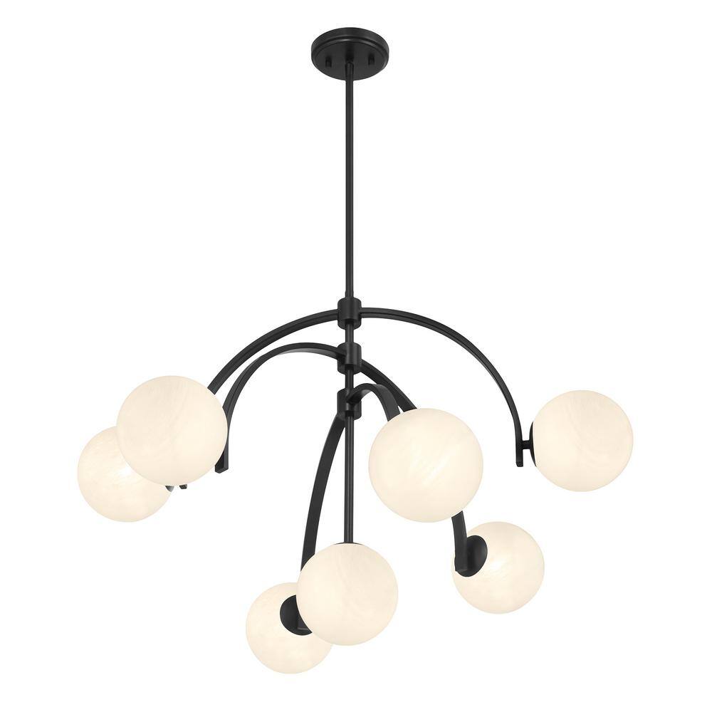 Matte Black 7-Light Chandelier with Strie Glass Shades