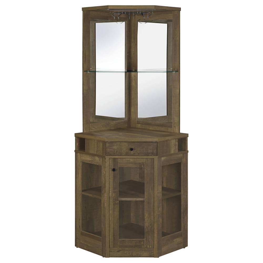 Rustic Oak Corner Bar Cabinet with Mirrored Back and Glass Shelf
