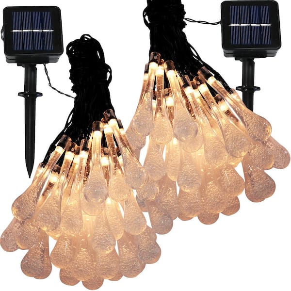 Sunnydaze 30-Light Outdoor 20 ft. Water Drop Solar LED String Light Set in Warm White (2-Pack)