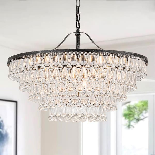 11-Light Black Brushed Silver Modern Waterfall Tiered Crystal Drops Chandelier for Dinning Room with No Bulbs Included