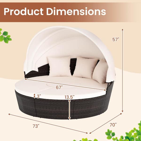 4-Piece PE Wicker Outdoor Round Daybed Cushioned Sectional Seating with White Cushions Retractable Canopy