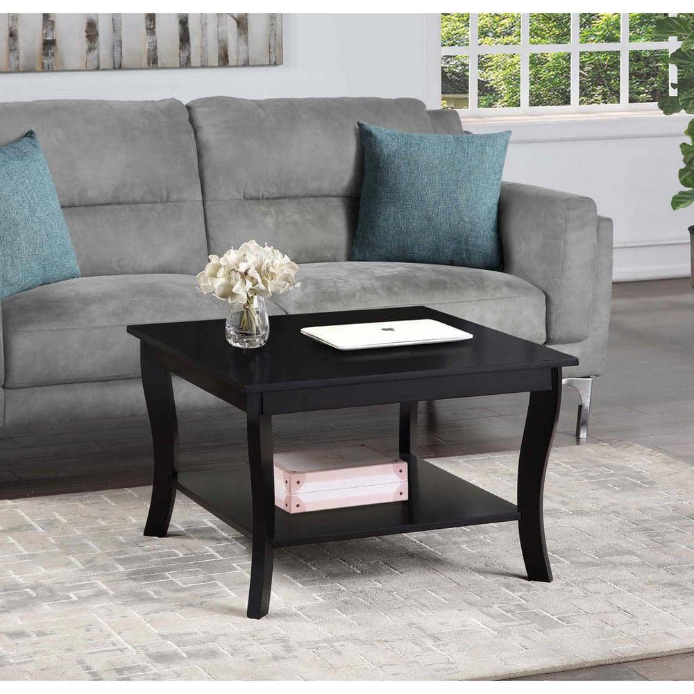 Black Square Rubberwood Veneer Coffee Table with Shelf