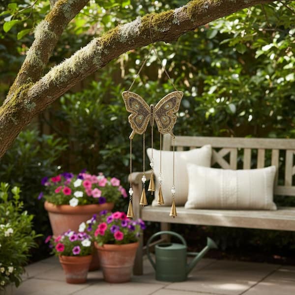 Gold 24 in. Metal Mosaic Butterfly Hanging Windchime