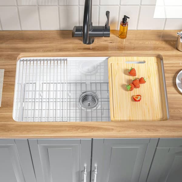 Fireclay Workstation Kitchen Sink 33 in. Dual Drop-In/Undermount White Fireclay Kitchen Sink Single Bowl Cutting Board