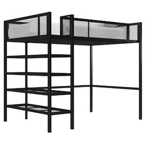 Tessa Black Metal Twin Storage Loft Bed with Bookcase
