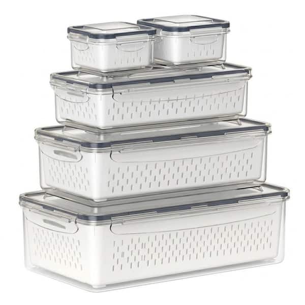 5-Pieces Airtight Rectangular Fridge Organizer Set with Removable Colander Handle Lid for Fruit Vegetable Storage