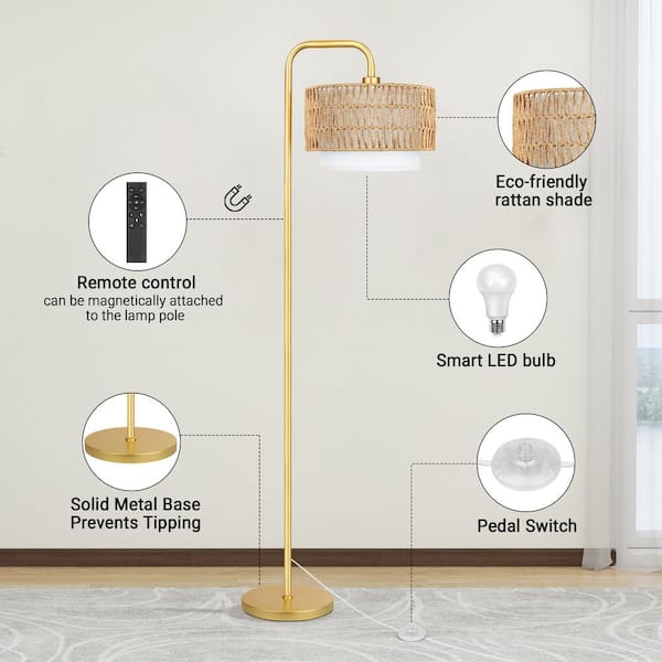 68 in. Gold Paint Boho Standing Lamp, 1 Bulb Remote 3 Color Temp Arc Floor Lamp for Bedroom with Rattan & Fabric Shades