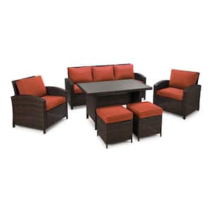 6-Piece Wicker Patio Conversation Set with Orange Cushions and Ottomans