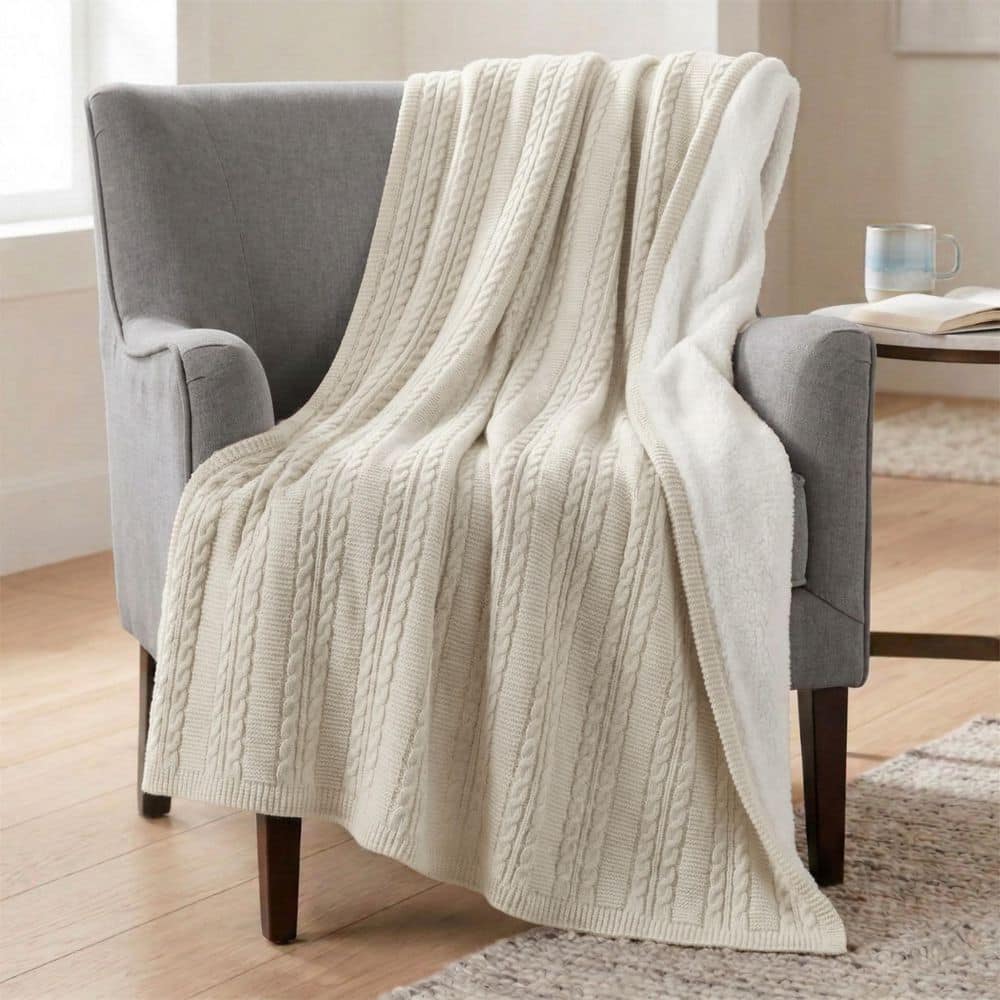 Lavish Home 60x80 Cable Knit Throw Blanket, Ivory 66-THROW80-I