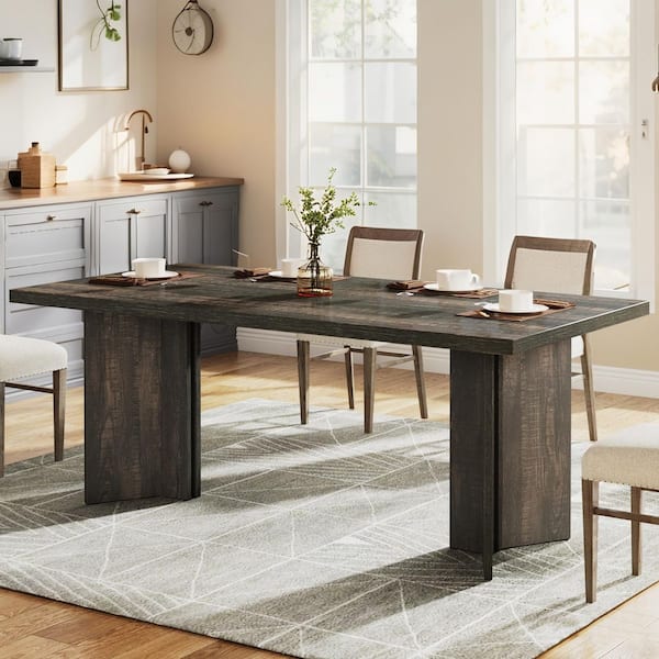 BYBLIGHT Rustic Dark Gray Engineered Wood 63 in. Double Pedestal Rectangular Dining Table Seats 6, Kitchen Table for Dinner