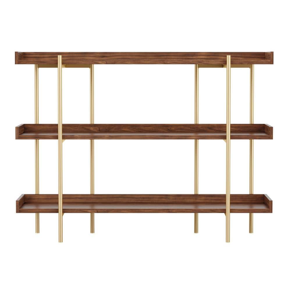 Walnut Wood Grain 3-Shelf Bookcase with Polished Brass Frame