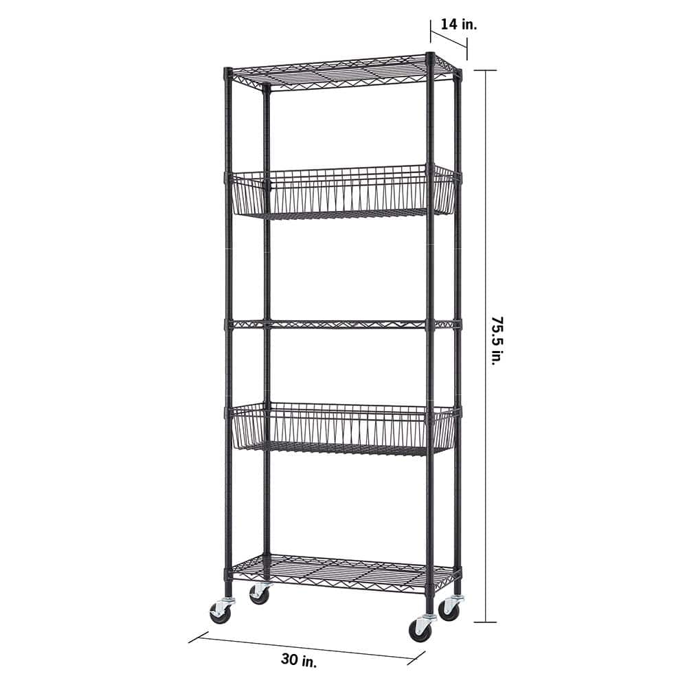 Black Powder-Coated Steel 5-Tier Wire Shelving Unit with Wheels