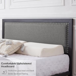 Metal Bed Frame Full Gray with Linen Upholstered Headboard, Platform Bed with 12.6 in. Under Bed Storage and Nailhead