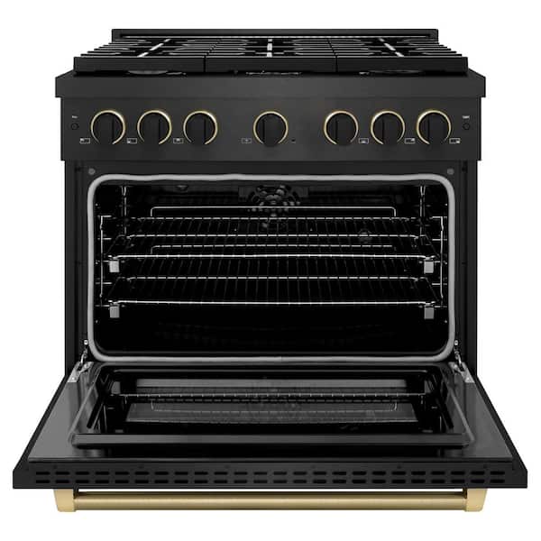 Designer 36 in. 5.2 cu. ft. Dual Fuel Range with 6 Burner Gas Cooktop in Black Satin with Black and Champagne Accents