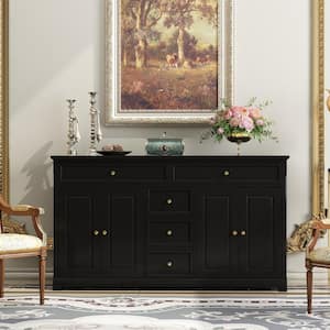 Black Wood 59.1 in. W Sideboard with 2-Large Drawers, 3-Small Drawers and 2-Cabinets 33.5 in. H x 15.7 in. D